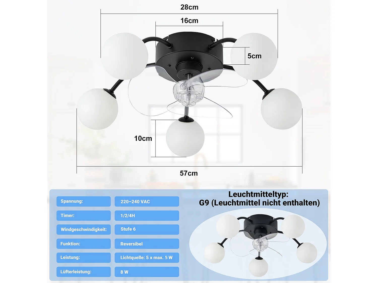ZMH Ventilateur de plafond avec éclairage G9 silencieux et télécommande 6 vitesses minuterie pour cuisine ou salle à manger ampoule non incluse