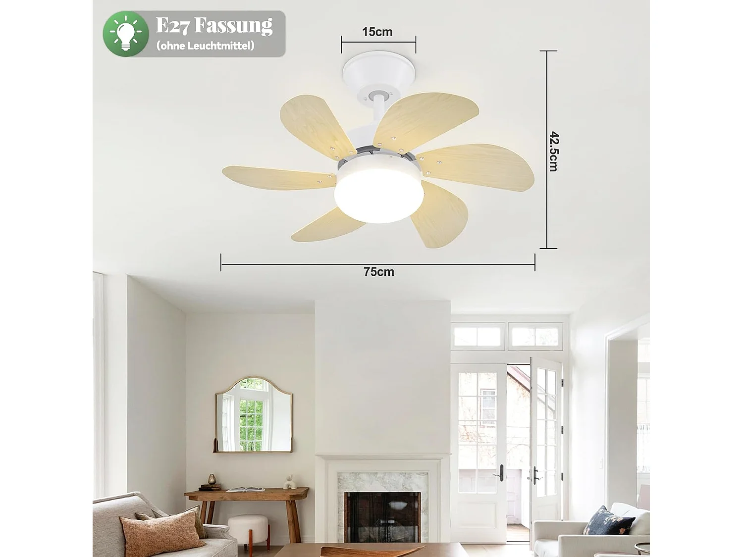 ZMH Ventilateur de Plafond 6 Pales Ø75cm Couleur du bois - Télécommande Silencieux Été/Hiver (Sans ampoule)