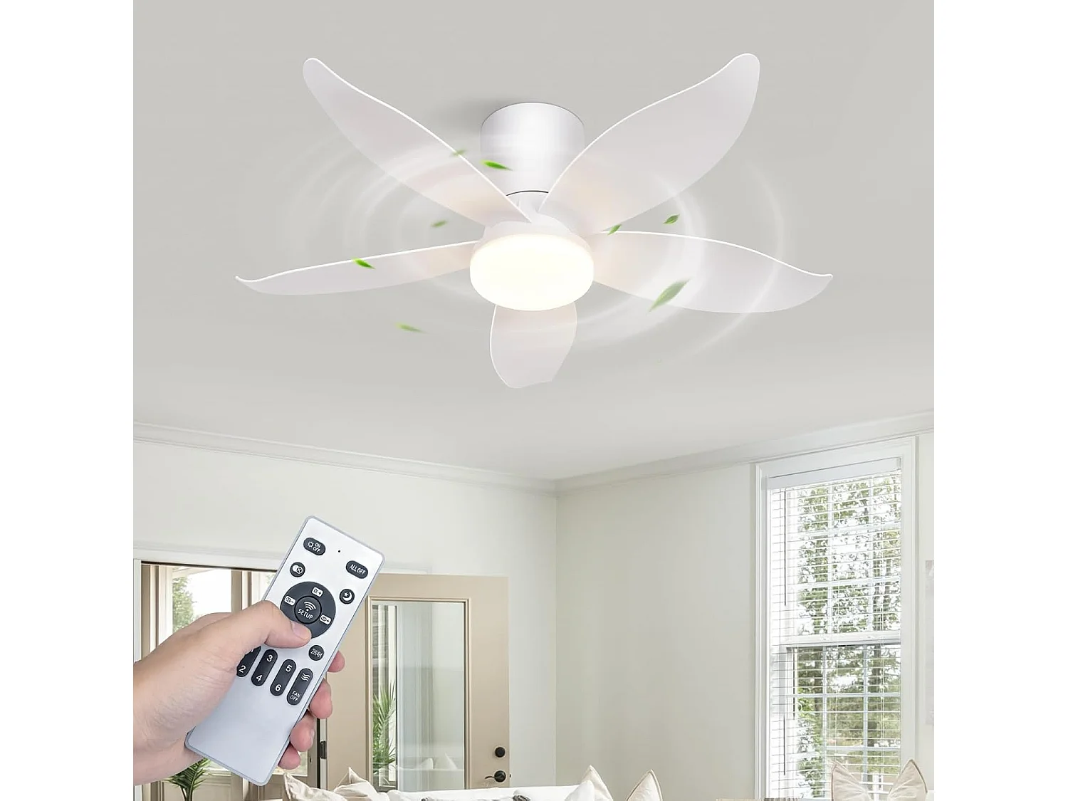 ZMH Ventilateur de plafond avec éclairage silencieux 5 pales blanc éclairage à intensité variable avec télécommande pour chambre et salon