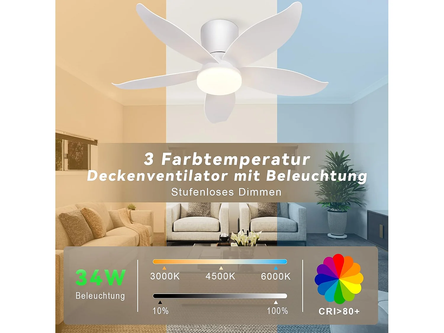 ZMH Ventilateur de plafond avec éclairage silencieux 5 pales blanc éclairage à intensité variable avec télécommande pour chambre et salon