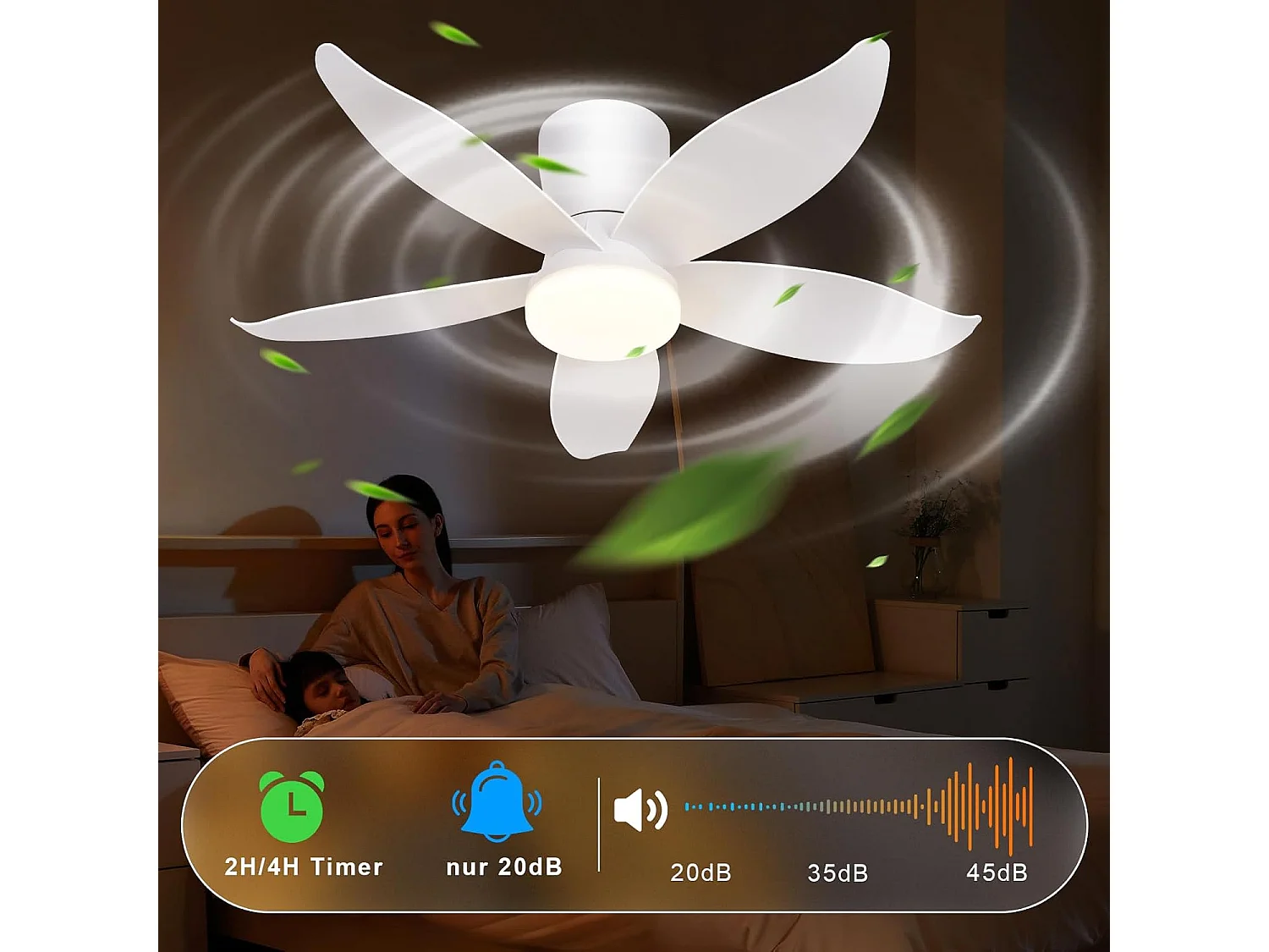 ZMH Ventilateur de plafond avec éclairage silencieux 5 pales blanc éclairage à intensité variable avec télécommande pour chambre et salon