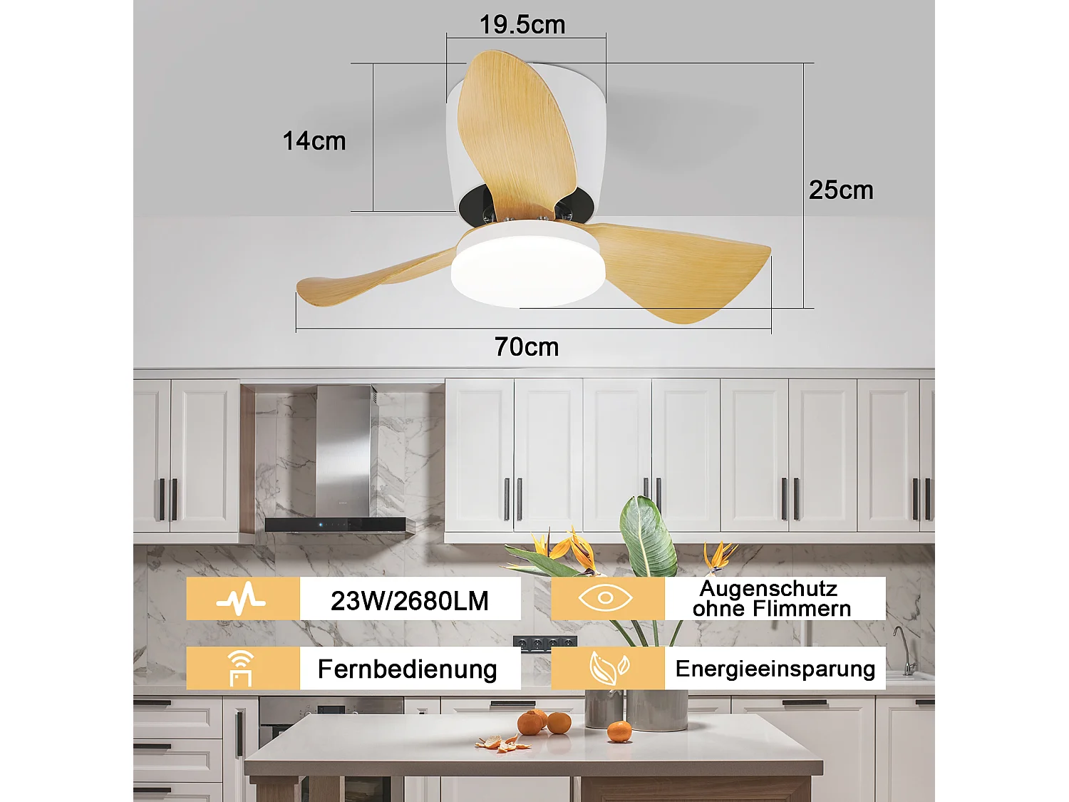 ZMH Ventilateur Plafond LED 70cm - 6 Vitesses, 23W Dimmable, Télécommande, Silencieux, Été/Hiver (Chambre/Bureau)
