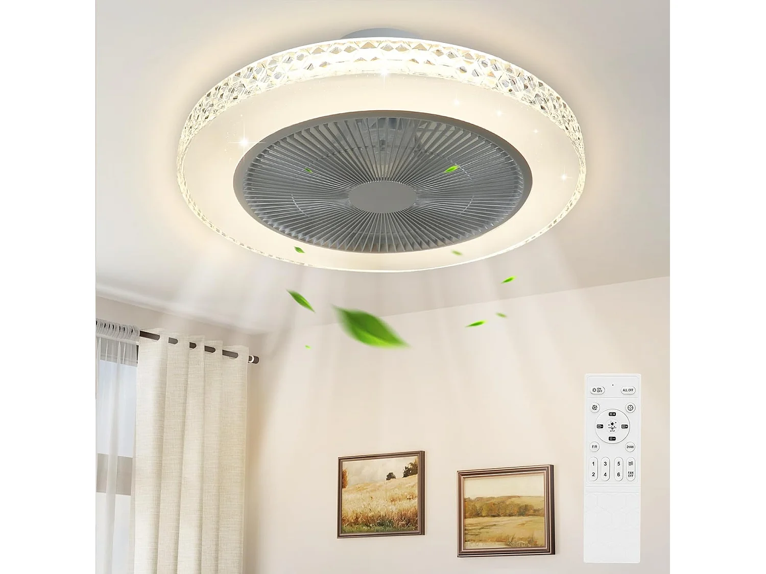 ZMH Ventilateur de plafond avec lumière 38W et télécommande Timing Fan Chambre à coucher en cristal