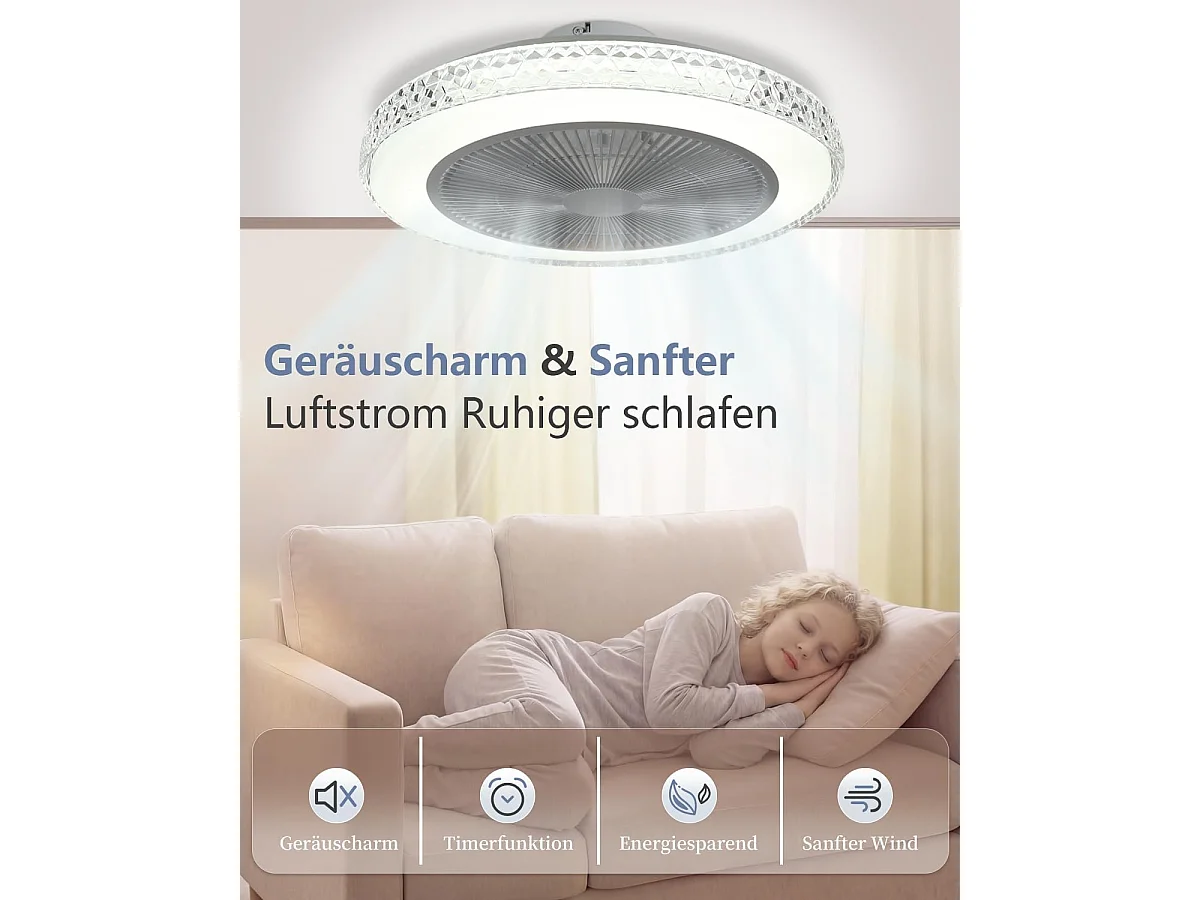 ZMH Ventilateur de plafond avec lumière 38W et télécommande Timing Fan Chambre à coucher en cristal