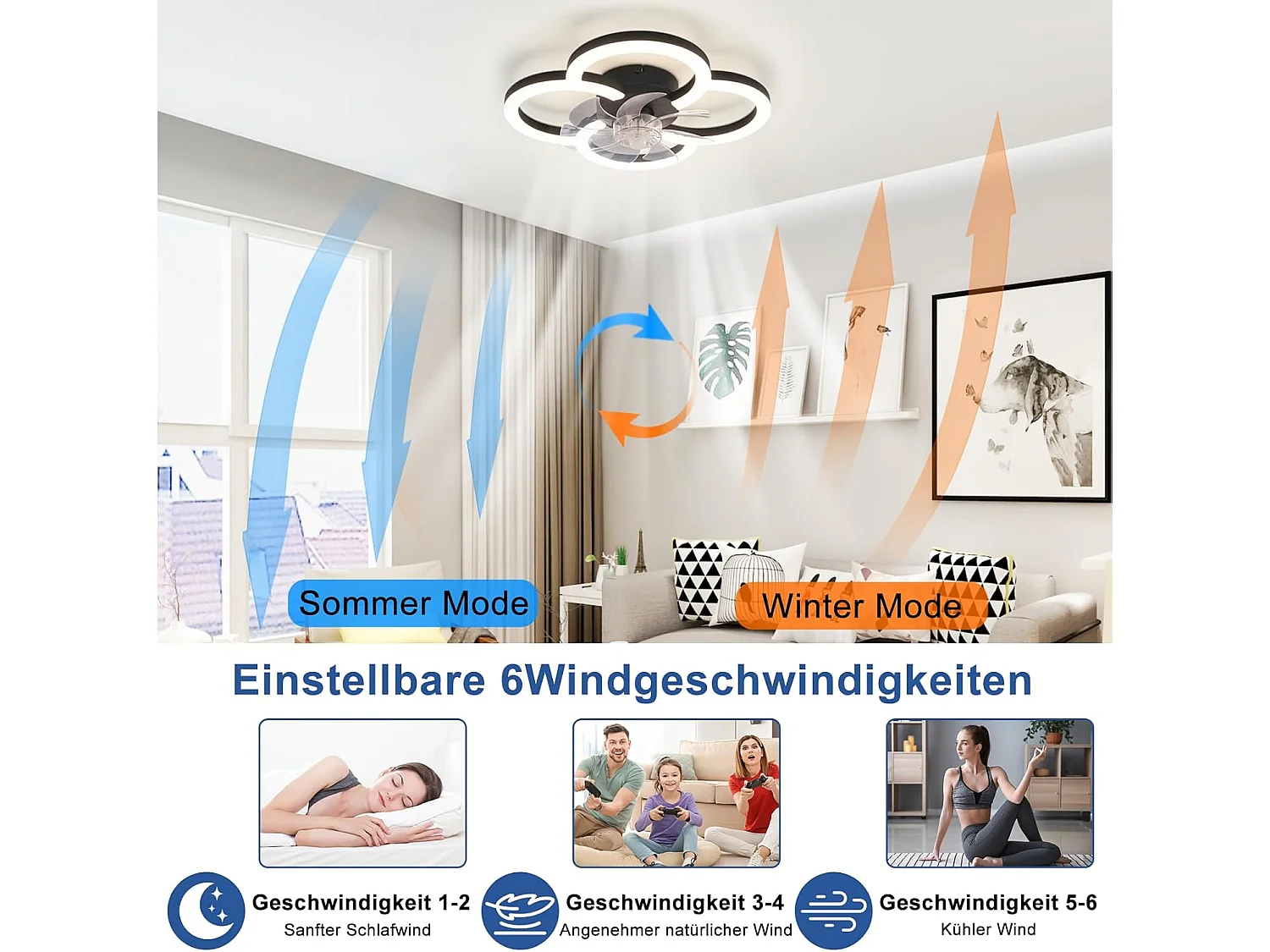 ZMH Ventilateur de plafond avec éclairage silencieux, 6 vitesses, moderne, à intensité variable, pour salon