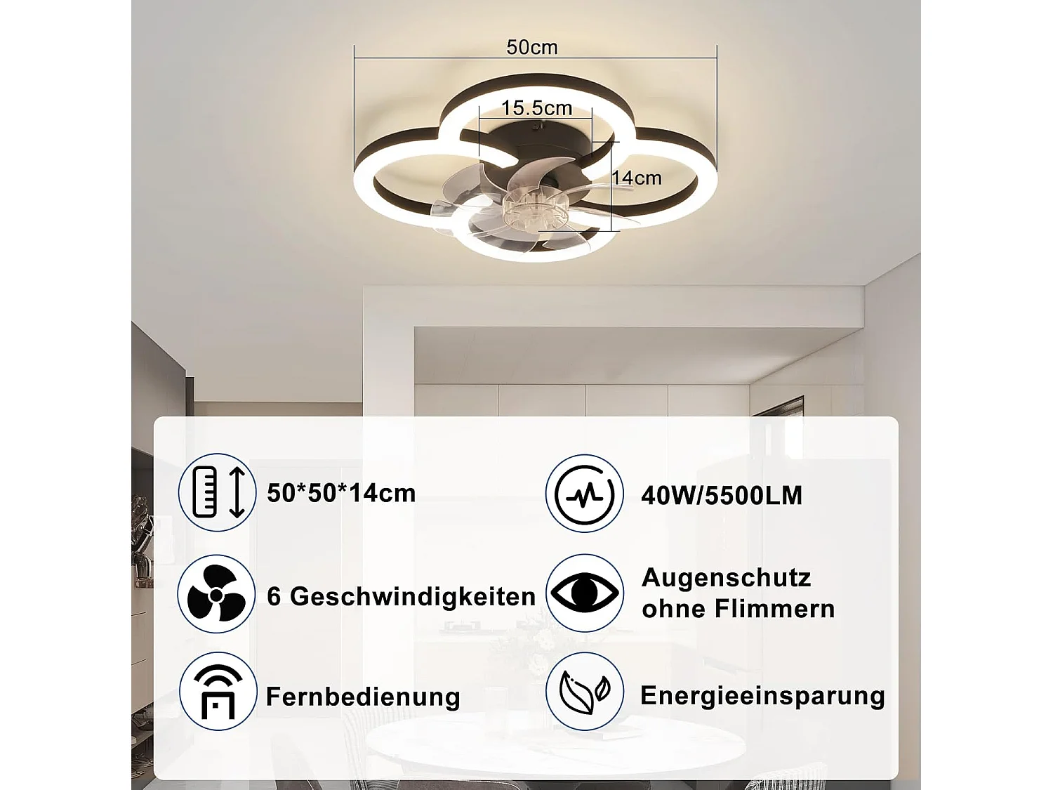 ZMH Ventilateur de plafond avec éclairage silencieux, 6 vitesses, moderne, à intensité variable, pour salon