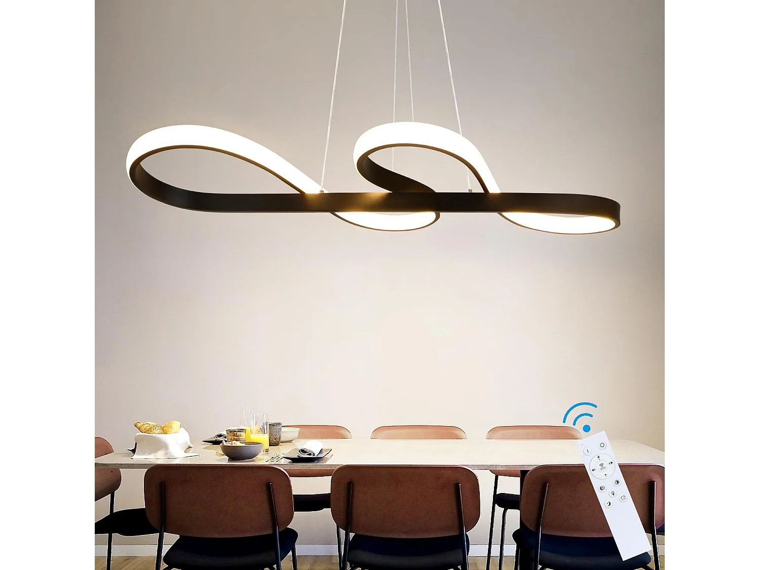 Suspension LED Noir 47W – Design symbole musical – Dimmable avec télécommande – Salon Salle à manger L.75 x H.160 cm