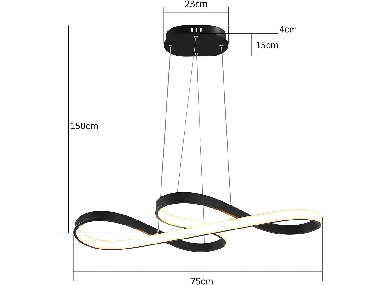 Suspension LED Noir 47W – Design symbole musical – Dimmable avec télécommande – Salon Salle à manger L.75 x H.160 cm