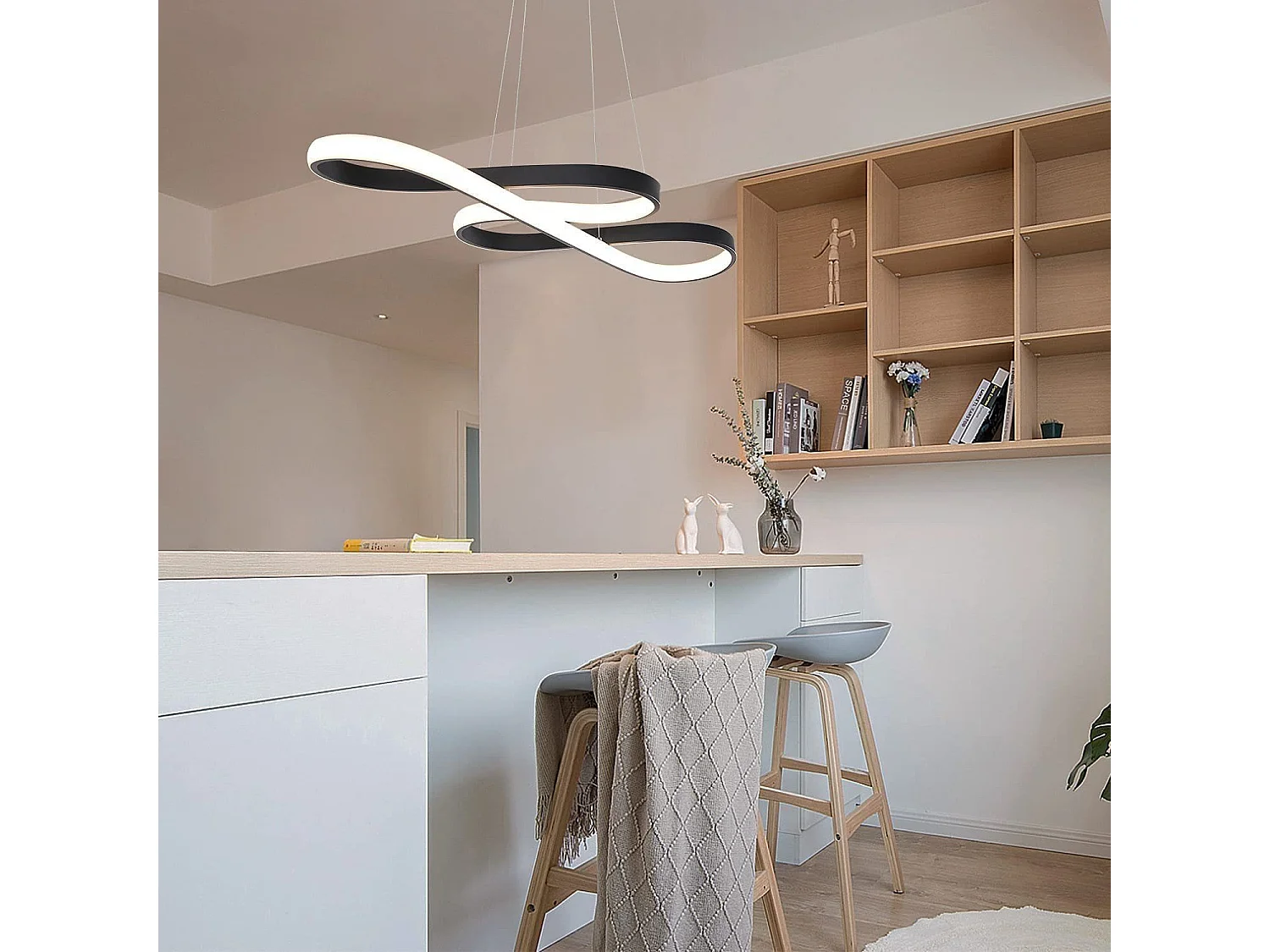 Suspension LED Noir 47W – Design symbole musical – Dimmable avec télécommande – Salon Salle à manger L.75 x H.160 cm
