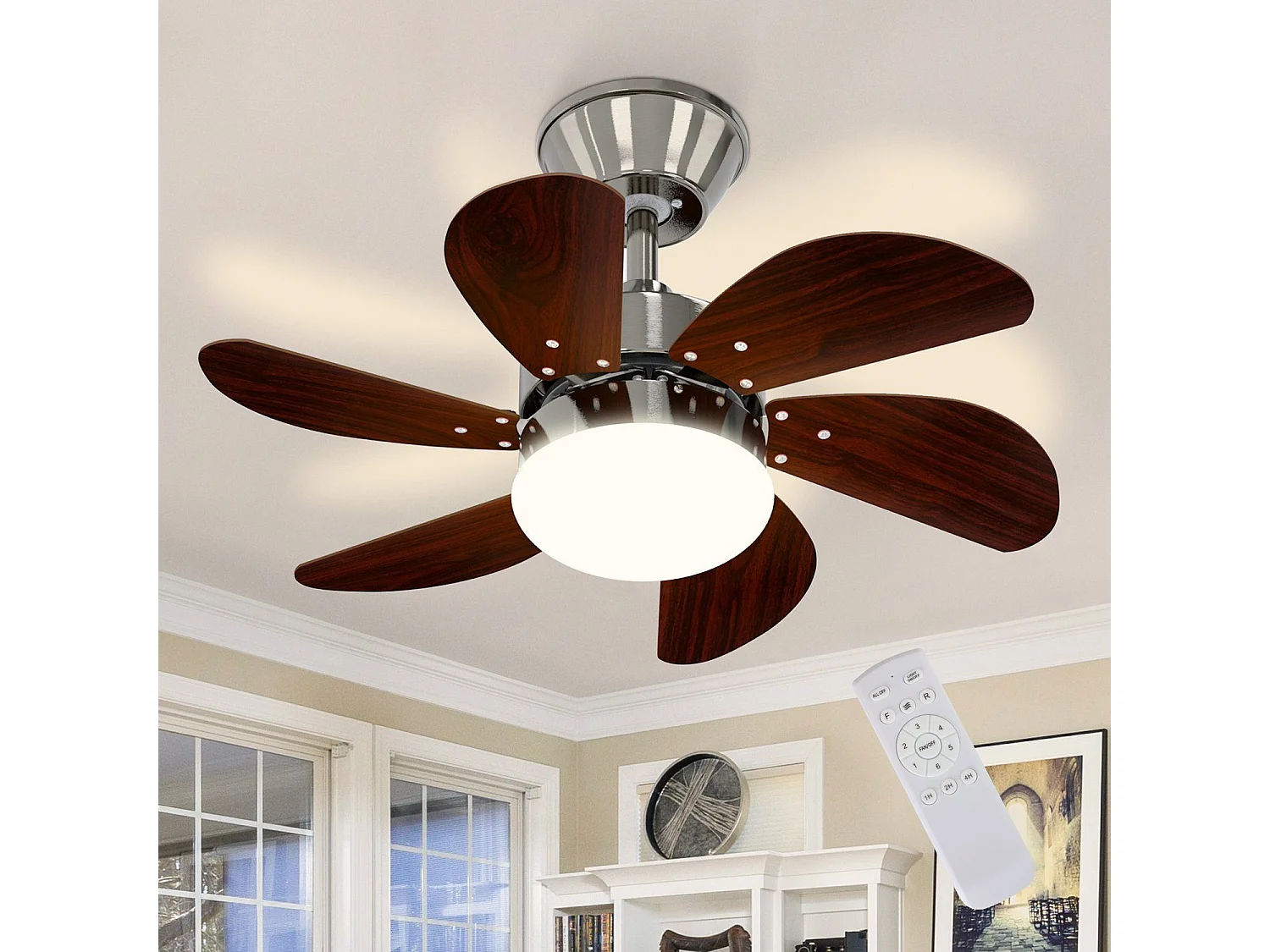 ZMH Ventilateur de Plafond Telecommand 6 Vitesses Télécommande Silencieux 6 Pales Ø75cm - Sans Ampoule Été/Hiver (Chambre/Cuisine)
