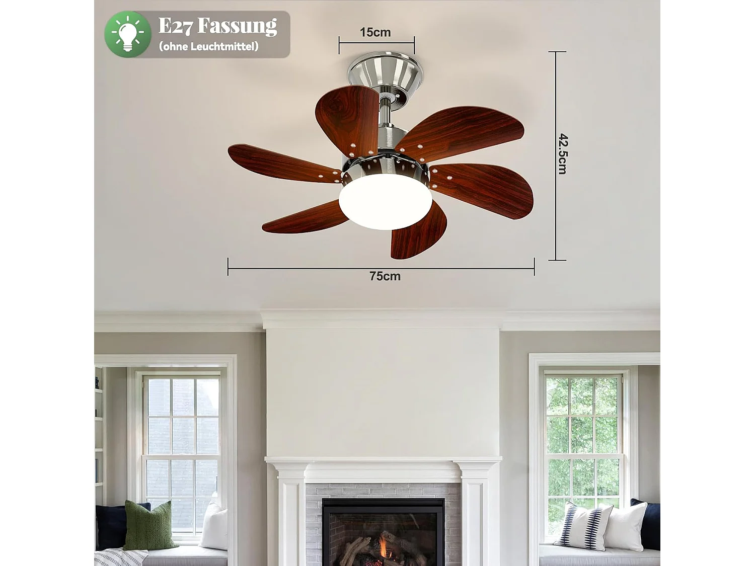 ZMH Ventilateur de Plafond Telecommand 6 Vitesses Télécommande Silencieux 6 Pales Ø75cm - Sans Ampoule Été/Hiver (Chambre/Cuisine)