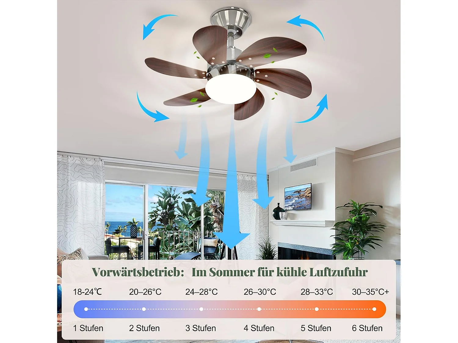 ZMH Ventilateur de Plafond Telecommand 6 Vitesses Télécommande Silencieux 6 Pales Ø75cm - Sans Ampoule Été/Hiver (Chambre/Cuisine)
