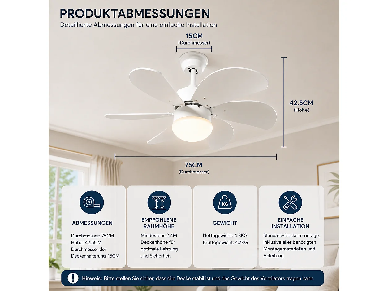ZMH Ventilateur Plafond LED 6 Pales Ø75cm Sans Ampoule Télécommande Silencieux Été/Hiver (Chambre/Cuisine)