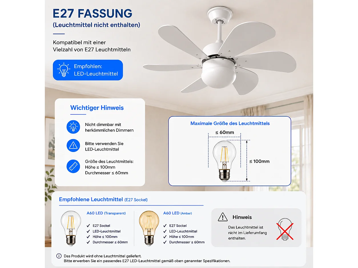 ZMH Ventilateur Plafond LED 6 Pales Ø75cm Sans Ampoule Télécommande Silencieux Été/Hiver (Chambre/Cuisine)