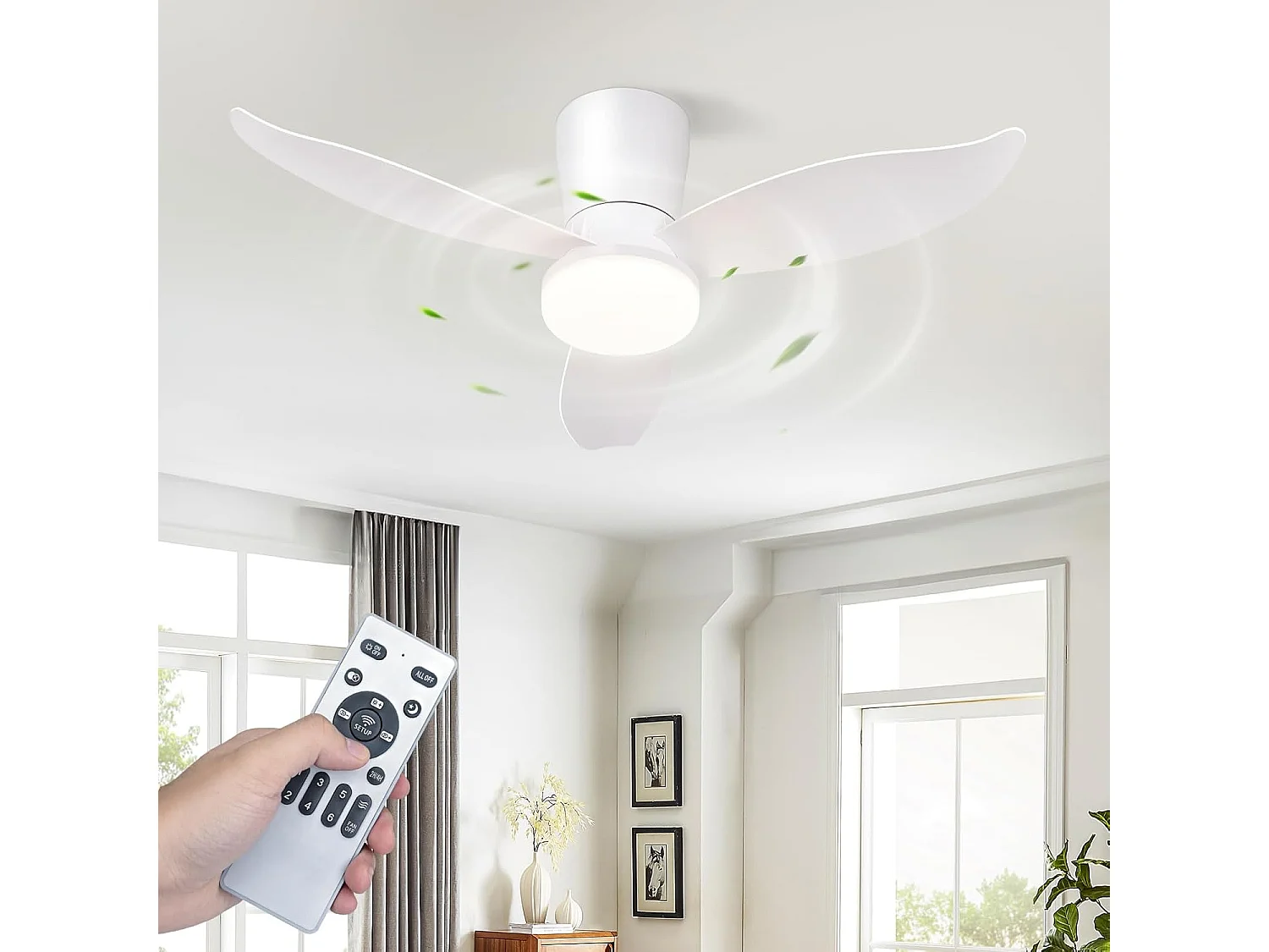 ZMH Ventilateur de plafond avec éclairage 3 pales silencieux blanc à intensité variable 6 vitesses avec télécommande pour cuisine chambre cuisine