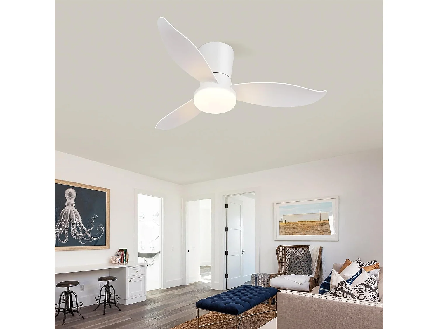 ZMH Ventilateur de plafond avec éclairage 3 pales silencieux blanc à intensité variable 6 vitesses avec télécommande pour cuisine chambre cuisine