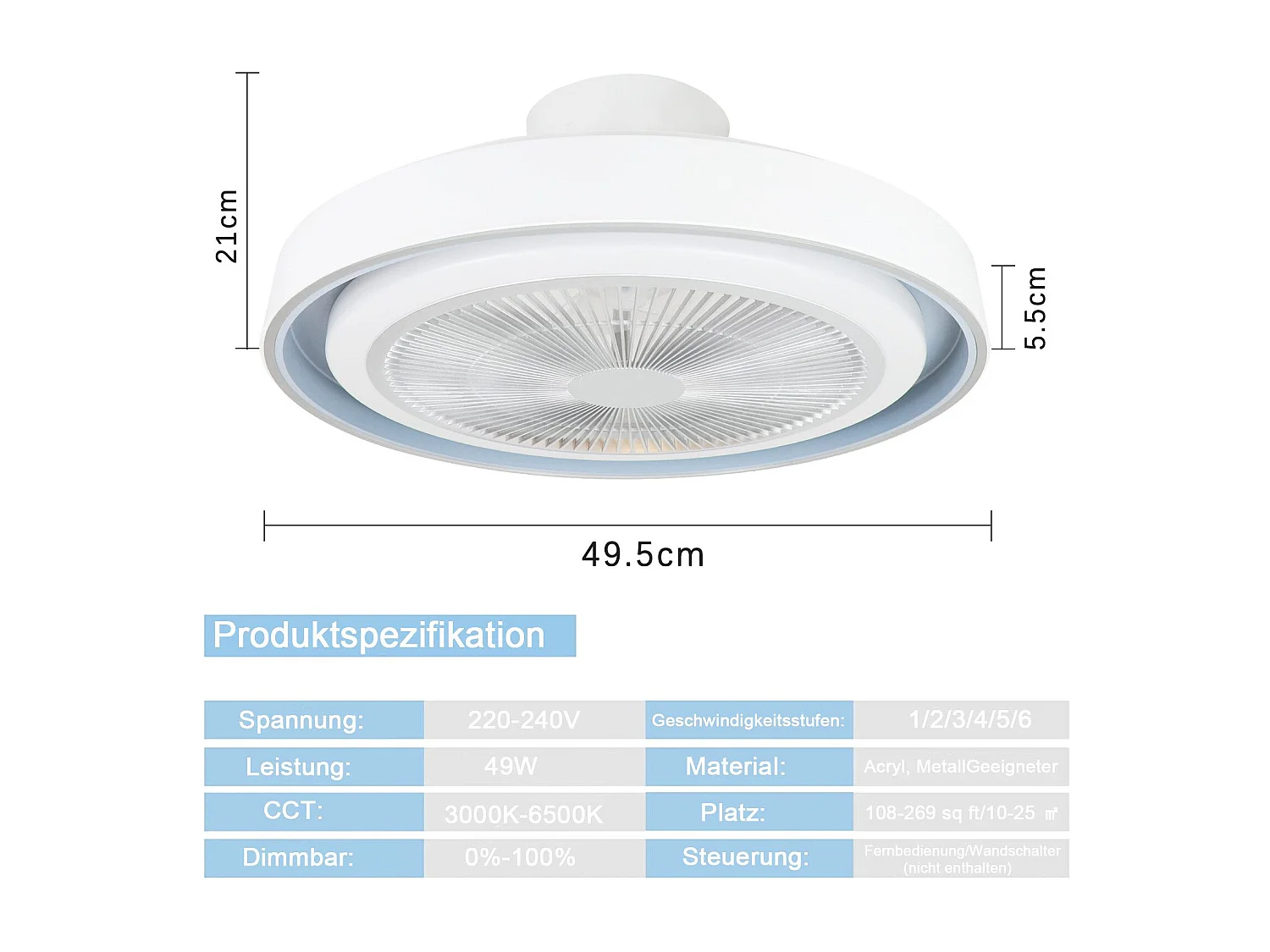 ZMH Ventilateur Plafond LED Moderne 5 Pales Bleu - Dimmable Télécommande Silencieux Timing (Chambre/Salon)