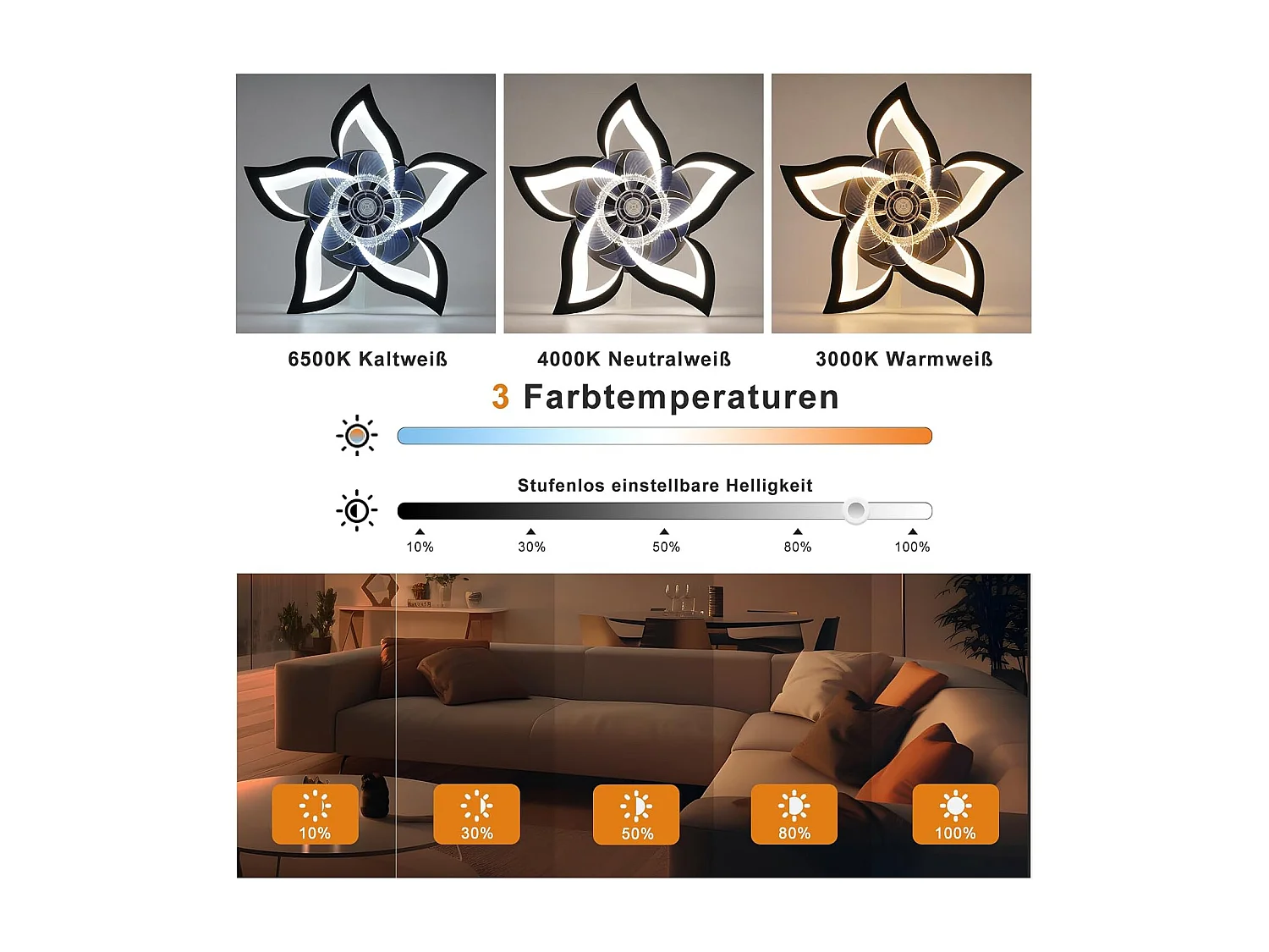 ZMH Ventilateur de plafond avec éclairage silencieux 48 W Noir Plafonnier Minuterie Chambre