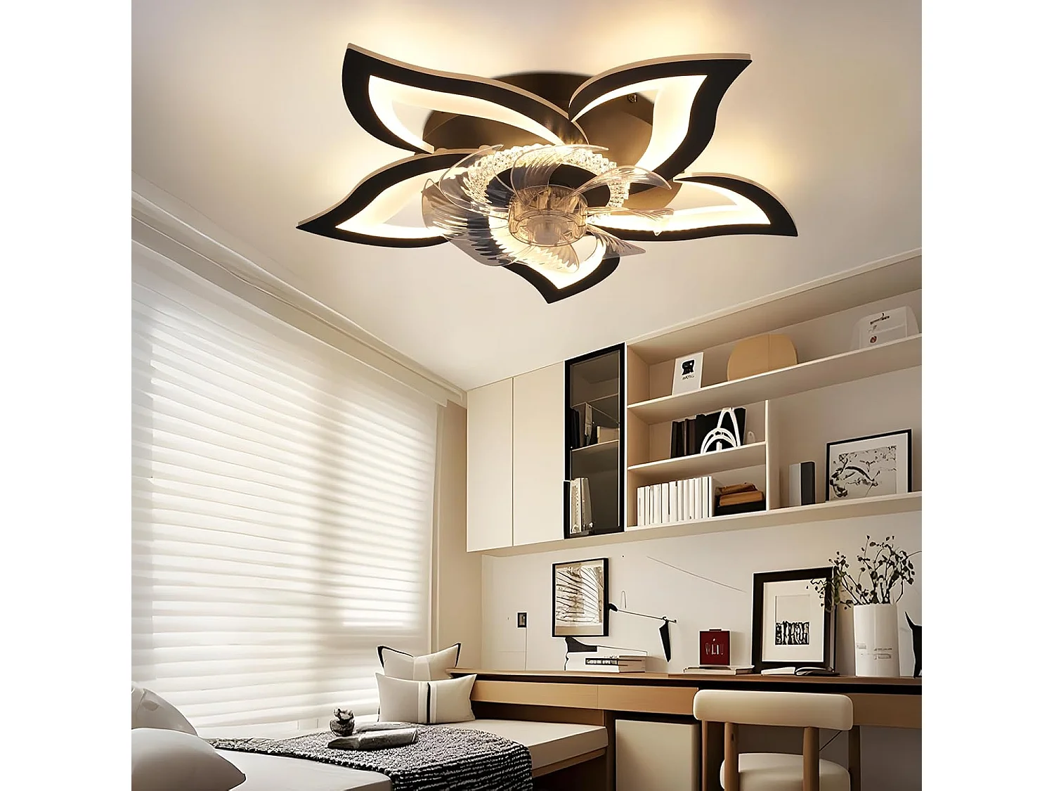 ZMH Ventilateur de plafond avec éclairage silencieux 48 W Noir Plafonnier Minuterie Chambre