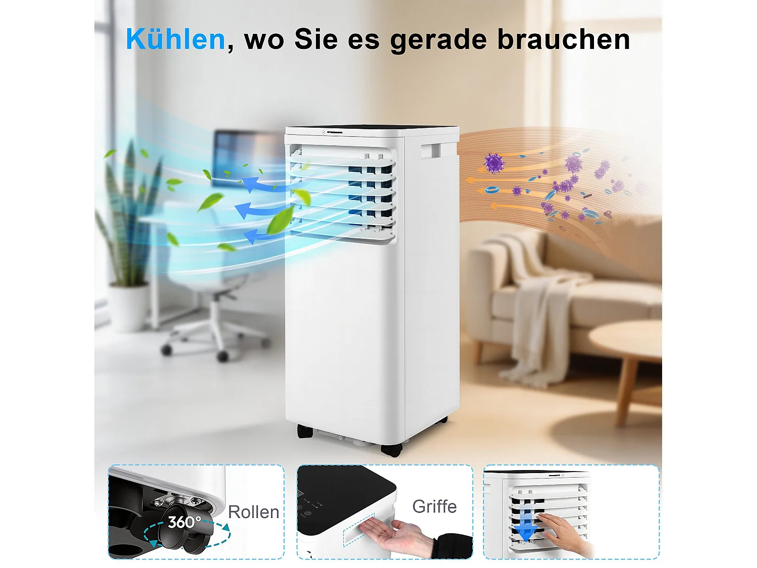 ZMH Climatiseur portable 7000BTU 3-en-1 le refroidissement et la ventilation mode nuit silencieux convient pour le salon la chambre et l'appartement