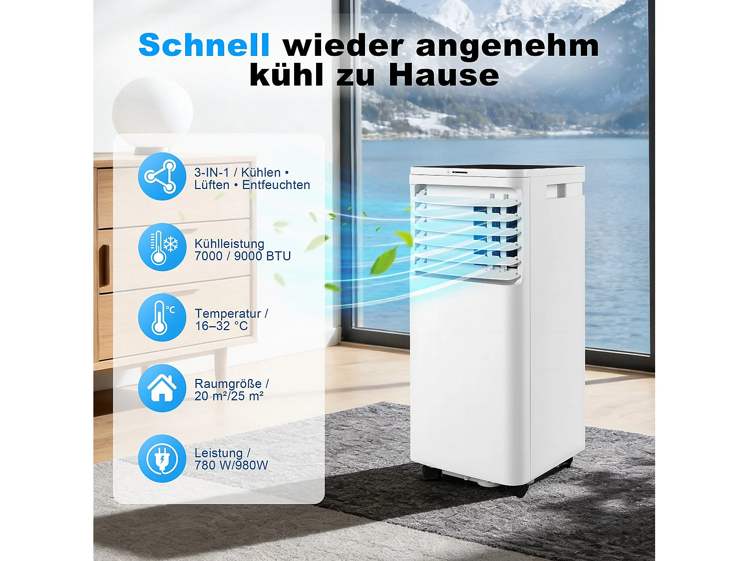 ZMH Climatiseur portable 7000BTU 3-en-1 le refroidissement et la ventilation mode nuit silencieux convient pour le salon la chambre et l'appartement