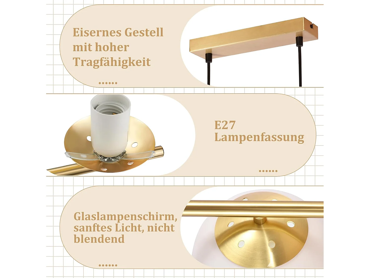 Lustre en métal et verre blanc - 5 globes - L. 90 x P. 20 x H. 173.5 cm - Doré - ZMH
