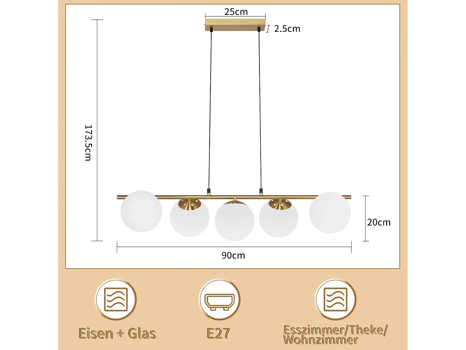 Lustre en métal et verre blanc - 5 globes - L. 90 x P. 20 x H. 173.5 cm - Doré - ZMH