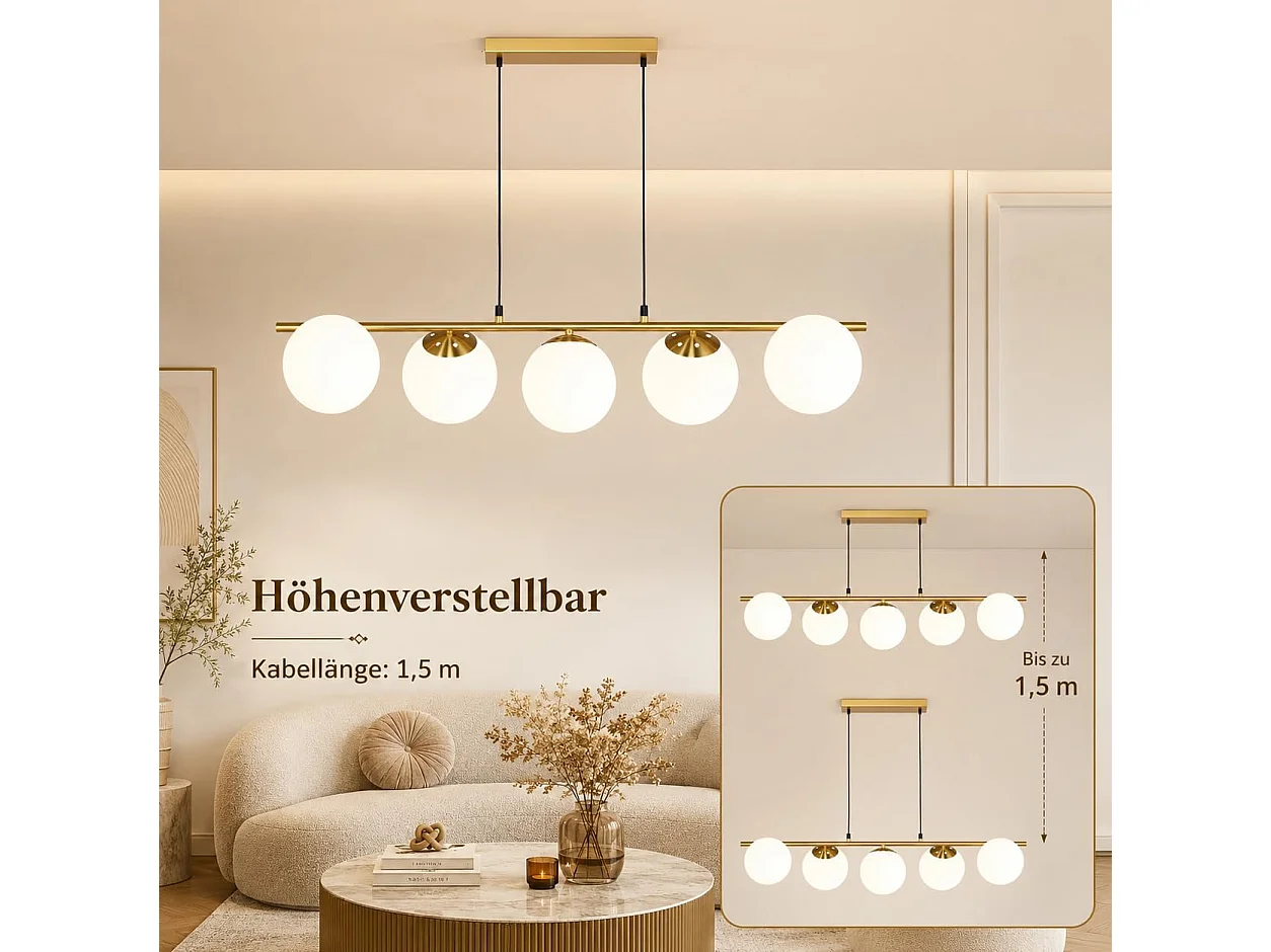 Lustre en métal et verre blanc - 5 globes - L. 90 x P. 20 x H. 173.5 cm - Doré - ZMH