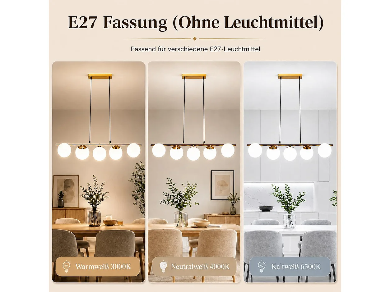 Lustre en métal et verre blanc - 5 globes - L. 90 x P. 20 x H. 173.5 cm - Doré - ZMH