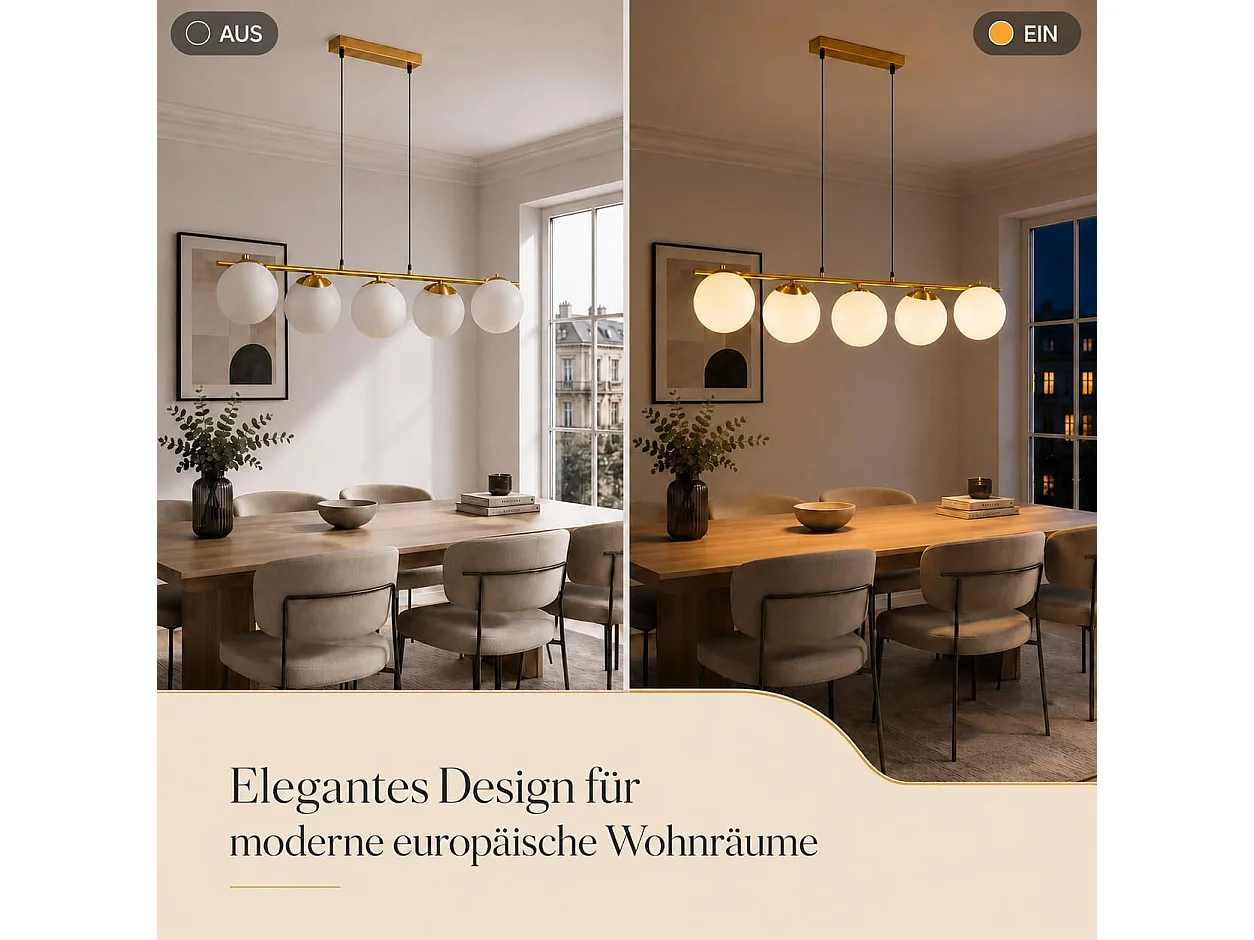 Lustre en métal et verre blanc - 5 globes - L. 90 x P. 20 x H. 173.5 cm - Doré - ZMH