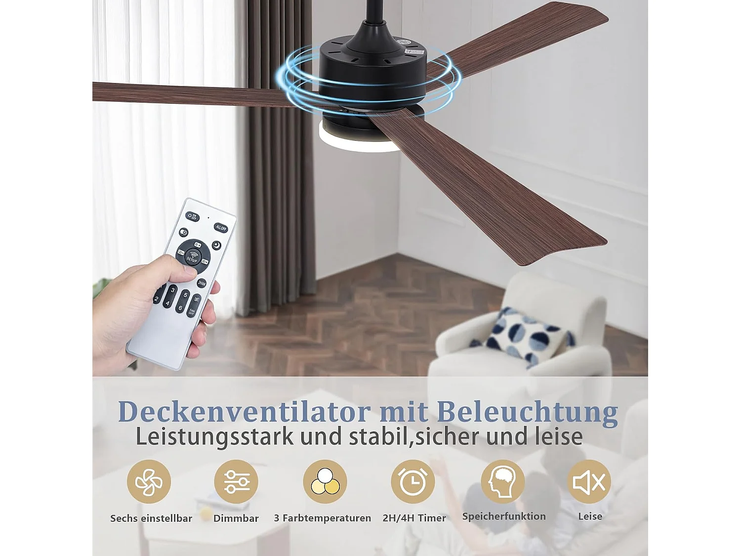 ZMH Ventilateur de plafond silencieux 3 pales avec éclairage à intensité variable avec télécommande pour salle à manger chambre