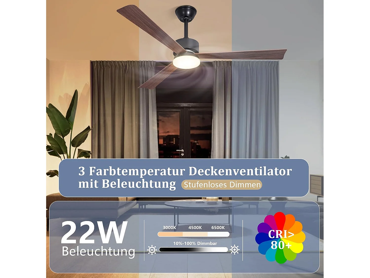 ZMH Ventilateur de plafond silencieux 3 pales avec éclairage à intensité variable avec télécommande pour salle à manger chambre