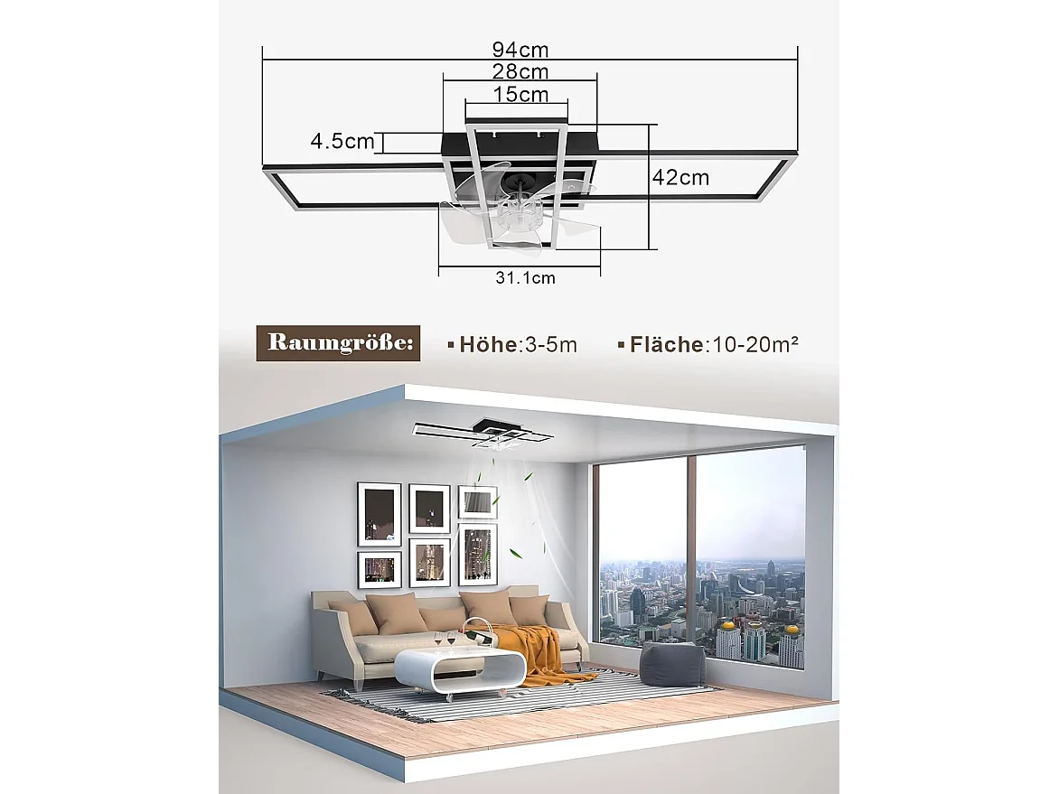 ZMH Ventilateur de plafond LED moderne 94cm 6 vitesses avec intensité réglable avec télécommande et minuterie pour salon salle à manger chambre