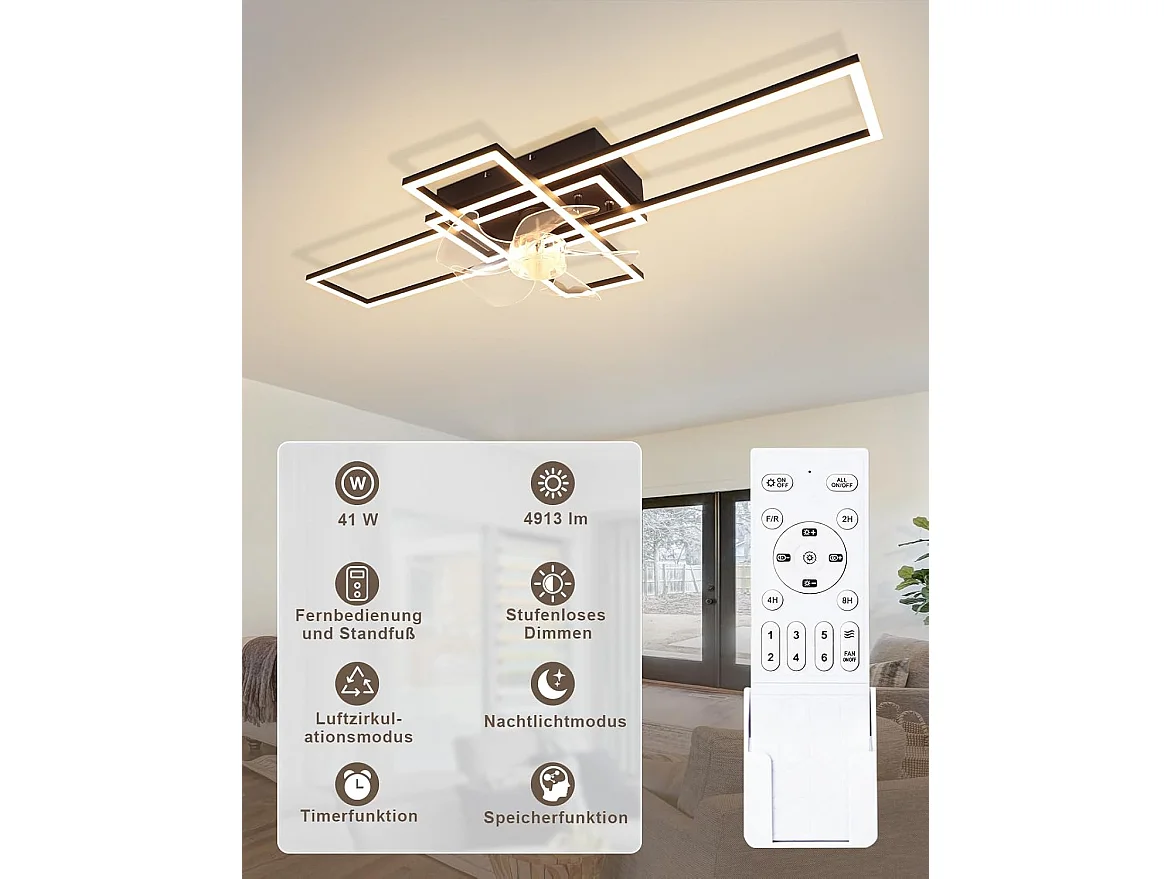 ZMH Ventilateur de plafond LED moderne 94cm 6 vitesses avec intensité réglable avec télécommande et minuterie pour salon salle à manger chambre