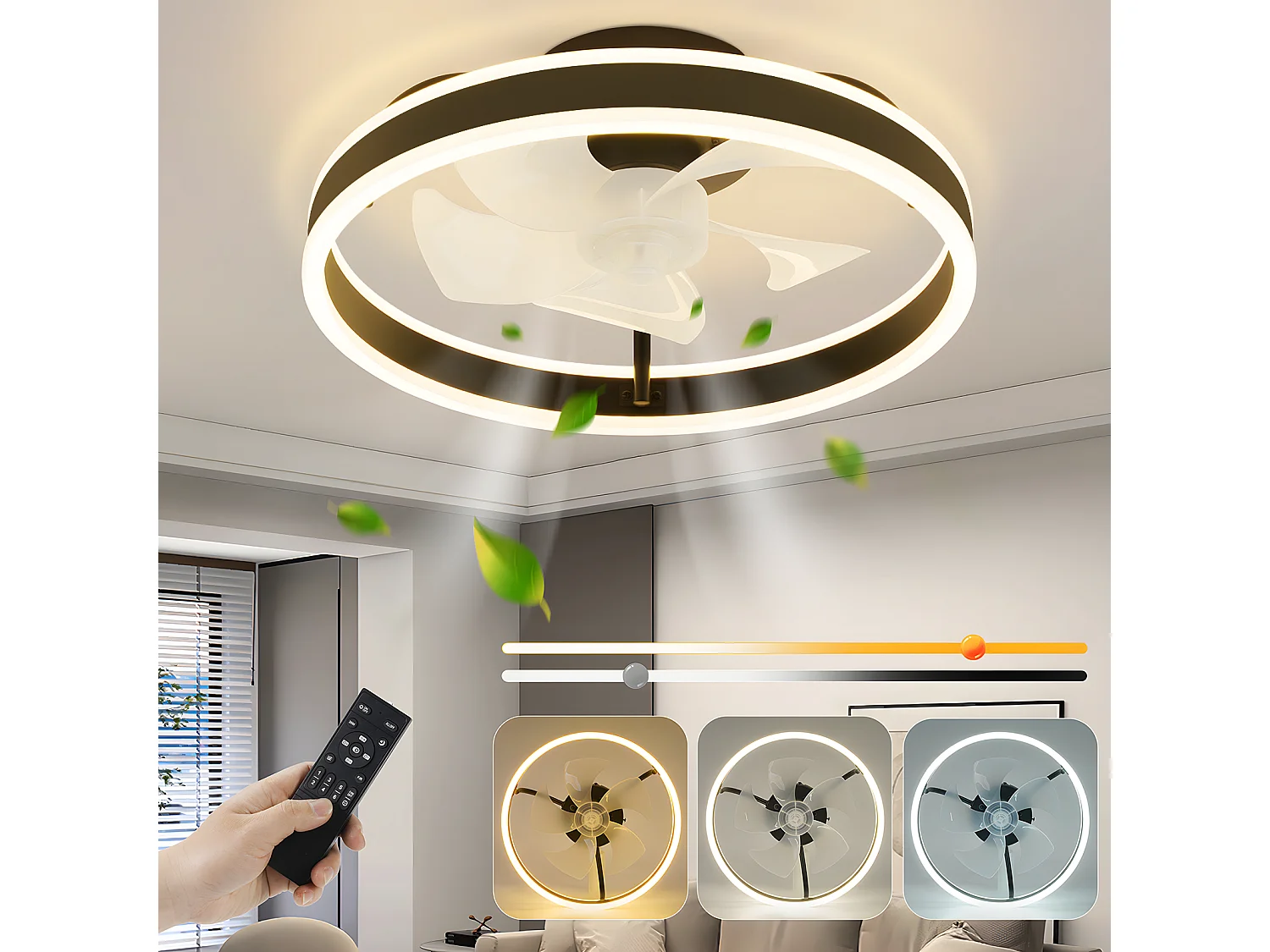 ZMH Ventilateur de plafond avec éclairage 34W 40cm Plafonnier silencieux à intensité variable pour chambre à coucher