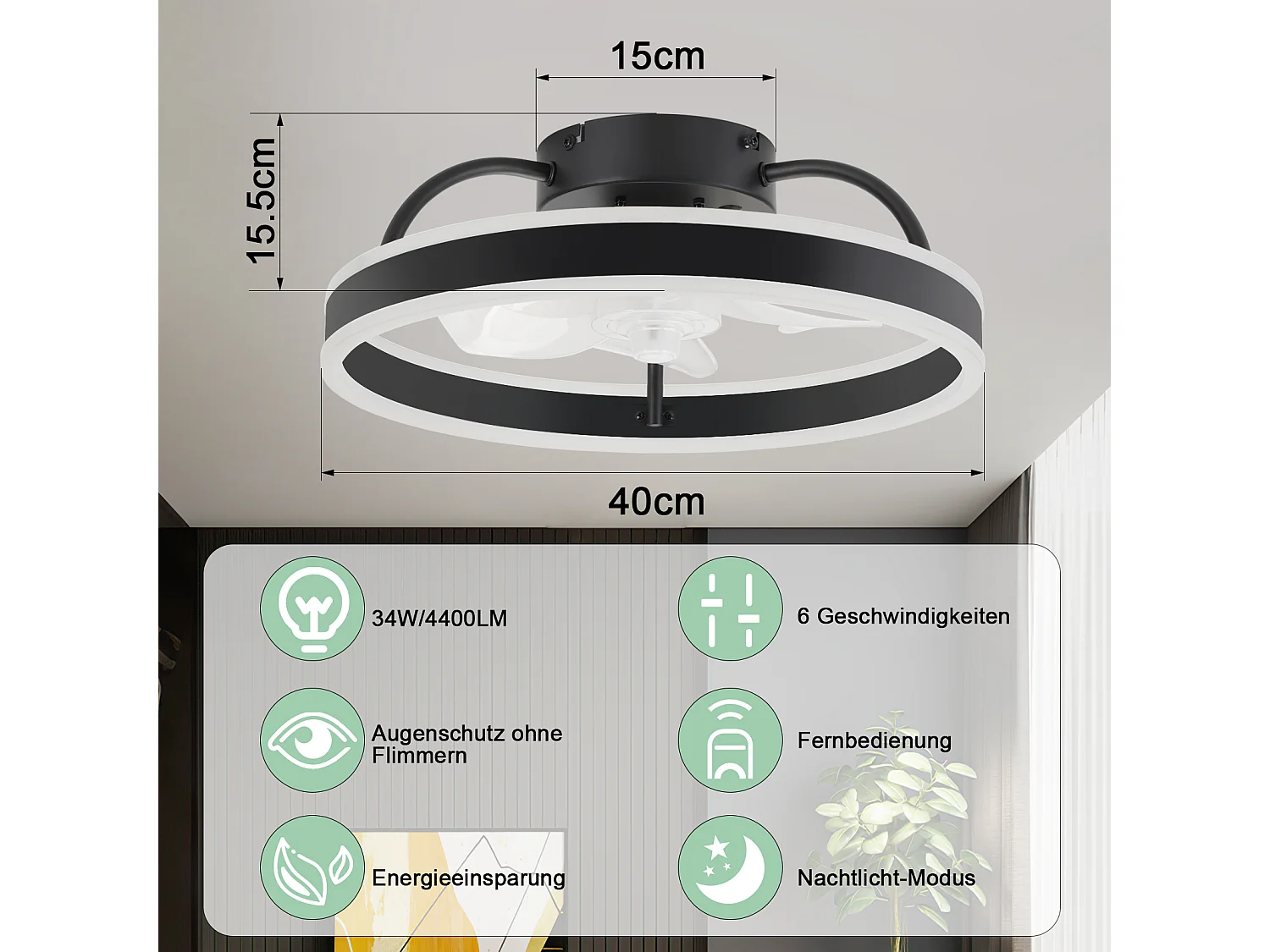 ZMH Ventilateur de plafond avec éclairage 34W 40cm Plafonnier silencieux à intensité variable pour chambre à coucher
