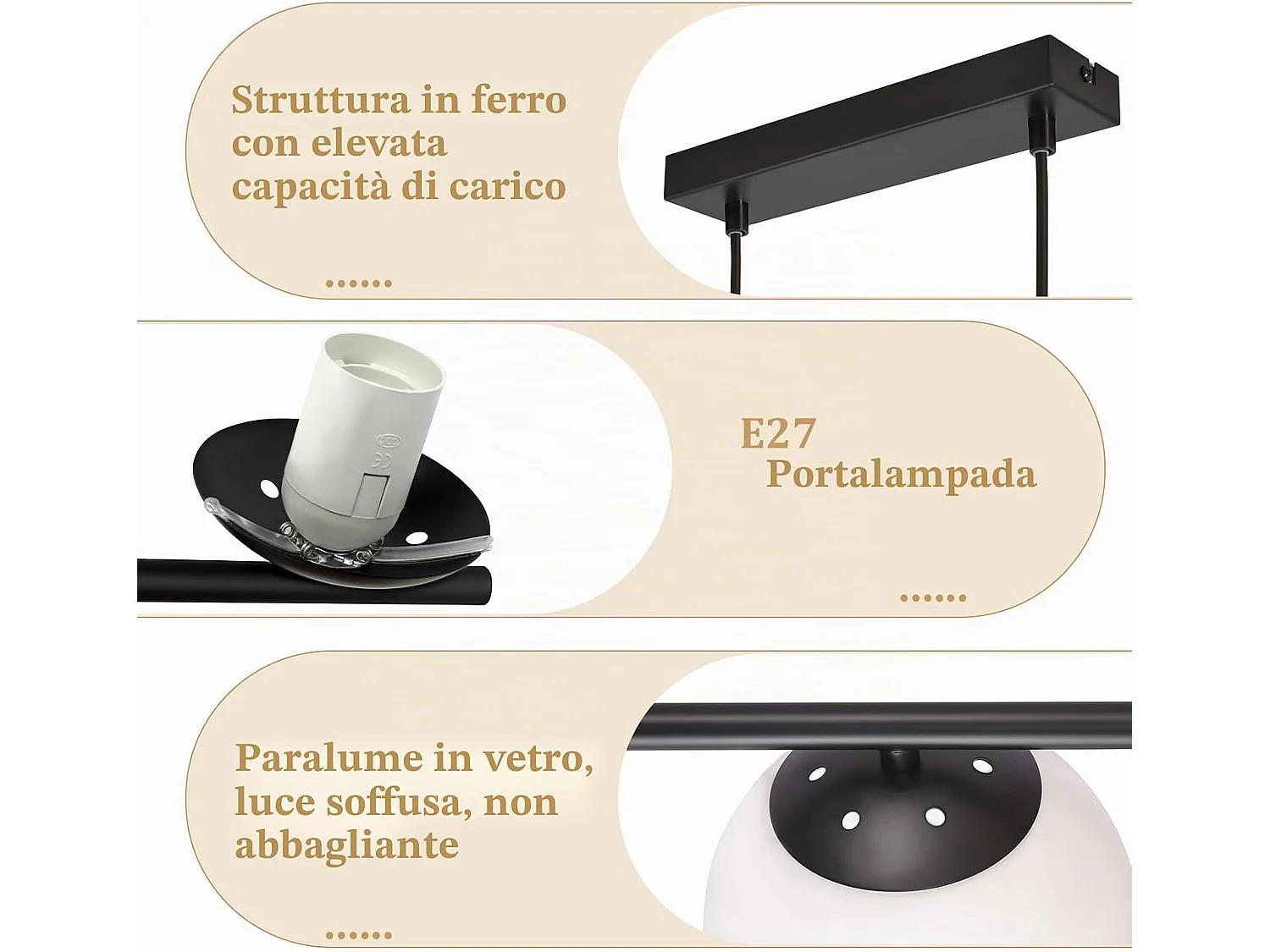 Lustre en métal et verre blanc - 5 globes - L. 90 x P. 20 x H. 173.5 cm - Noir - ZMH