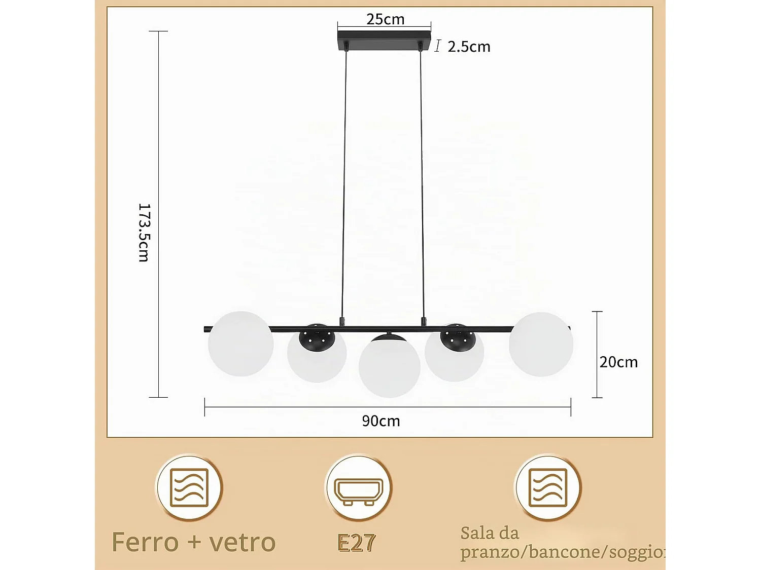 Lustre en métal et verre blanc - 5 globes - L. 90 x P. 20 x H. 173.5 cm - Noir - ZMH