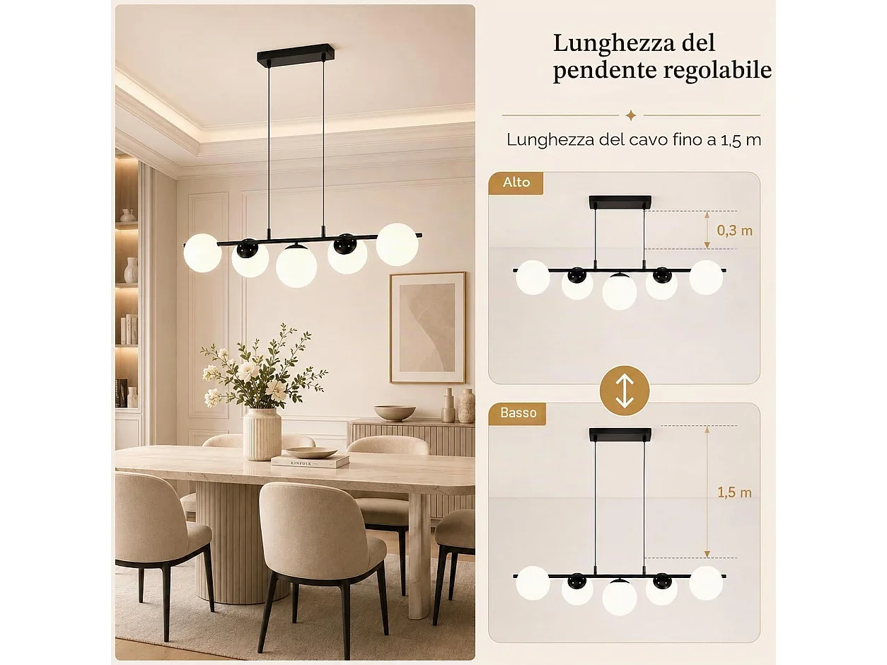 Lustre en métal et verre blanc - 5 globes - L. 90 x P. 20 x H. 173.5 cm - Noir - ZMH