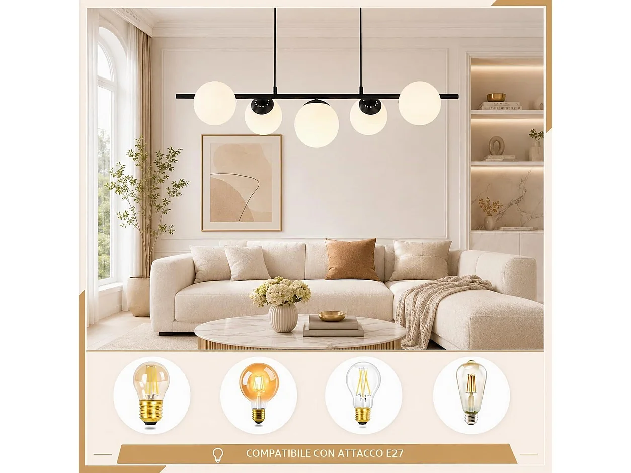 Lustre en métal et verre blanc - 5 globes - L. 90 x P. 20 x H. 173.5 cm - Noir - ZMH