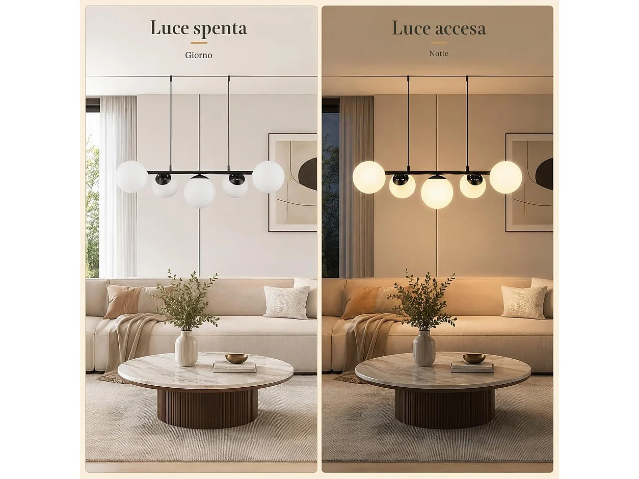 Lustre en métal et verre blanc - 5 globes - L. 90 x P. 20 x H. 173.5 cm - Noir - ZMH