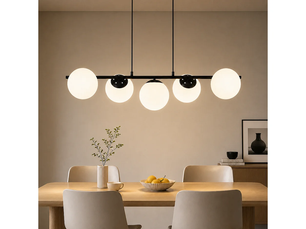 Lustre en métal et verre blanc - 5 globes - L. 90 x P. 20 x H. 173.5 cm - Noir - ZMH