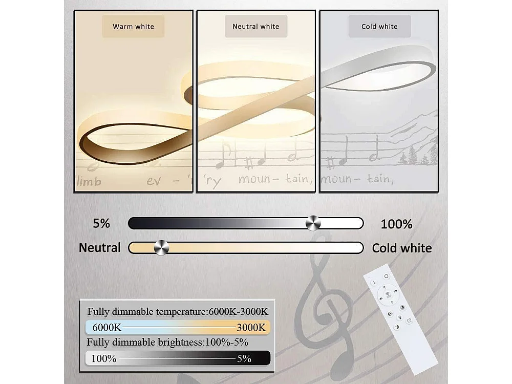 ZMH Suspension LED blanc 47W – Design symbole musical – Dimmable avec télécommande – Salon Salle à manger L.75 x H.160 cm