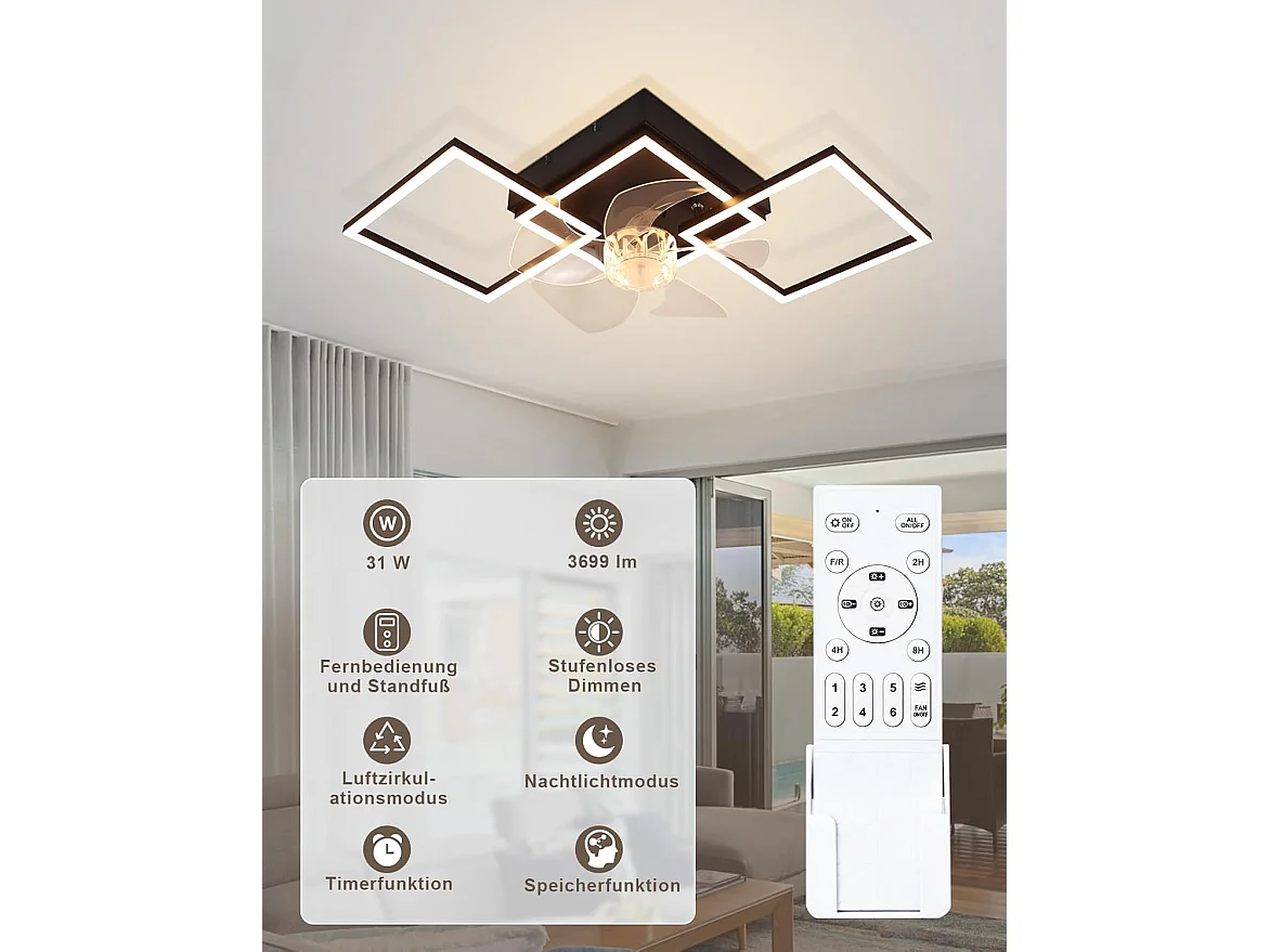 ZMH Ventilateur de plafond LED moderne 68cm 6 vitesses avec intensité réglable avec télécommande et minuterie pour salon salle à manger chambre