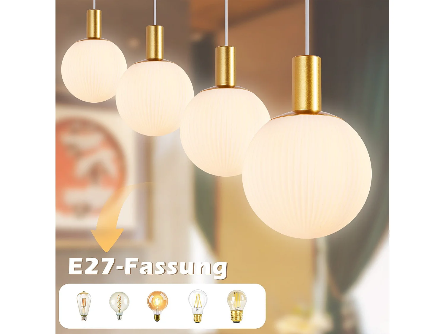 Lustre en métal et verre Blanc - 4 globes - L. 86 x H. 182 cm - Doré-ZMH