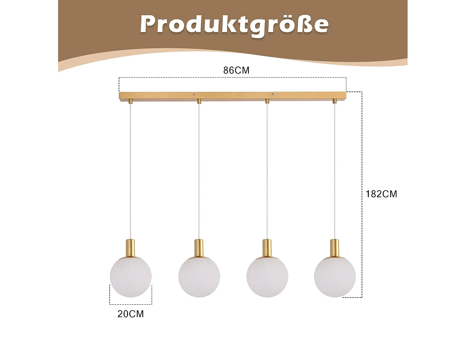Lustre en métal et verre Blanc - 4 globes - L. 86 x H. 182 cm - Doré-ZMH