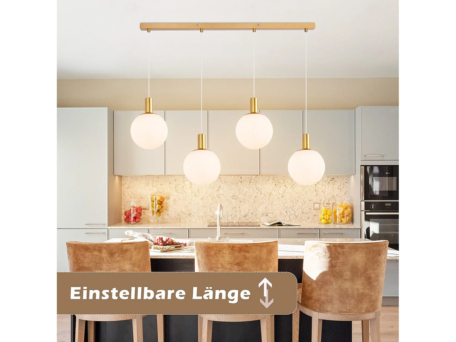 Lustre en métal et verre Blanc - 4 globes - L. 86 x H. 182 cm - Doré-ZMH