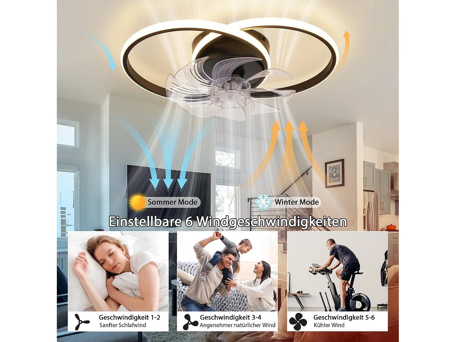 ZMH Ventilateur de plafond avec éclairage silencieux et moderne, 36 W, 6 vitesses, pour chambre à coucher