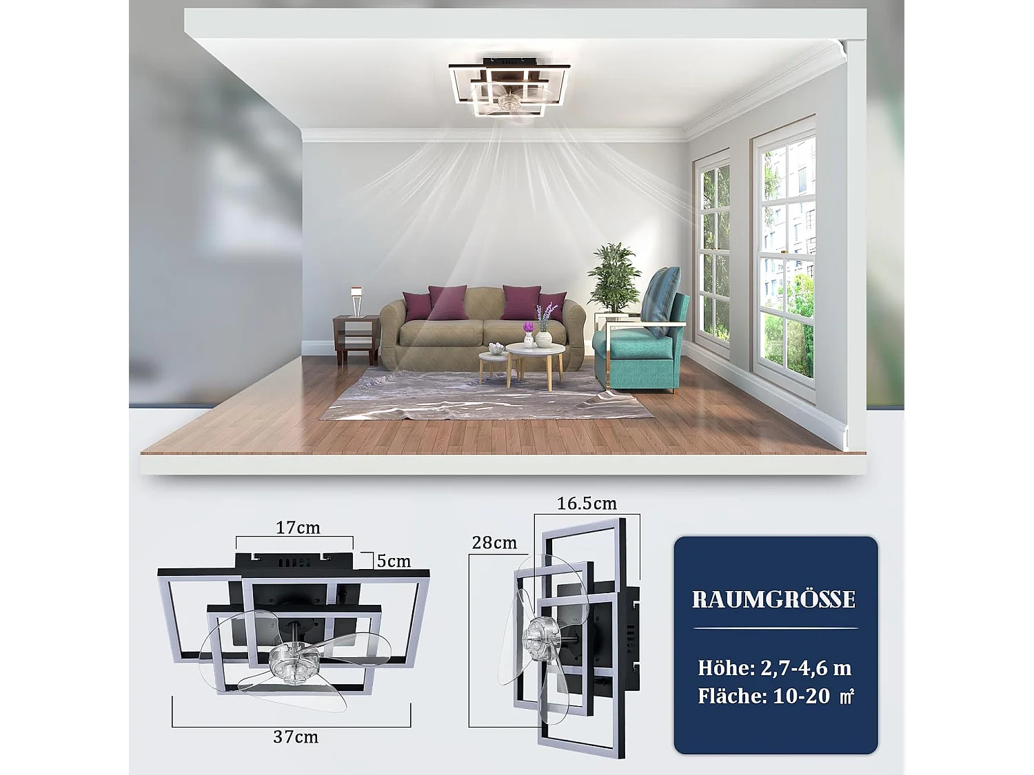 ZMH Ventilateur de plafond LED noir moderne silencieux avec éclairage avec télécommande intensité variable avec minuterie pour salon cuisine