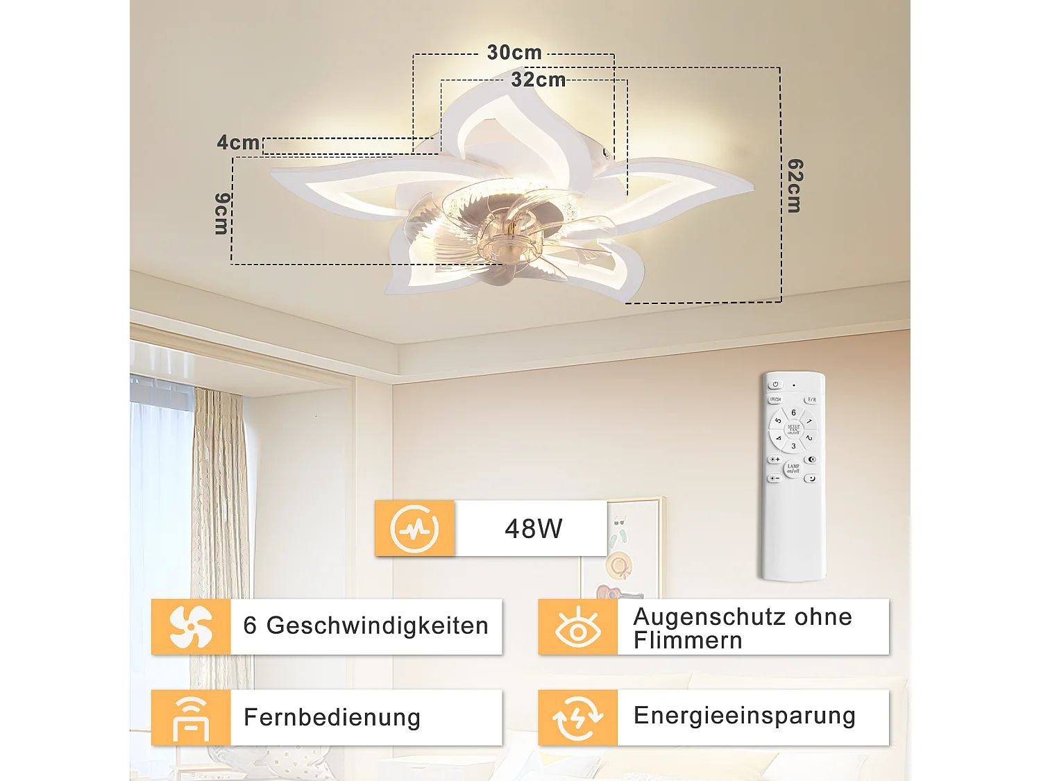 ZMH Ventilateur de plafond LED 48W Blanc - Silencieux avec Télécommande Dimmable 3 Températures 6 Vitesses Timer - Pour Chambre